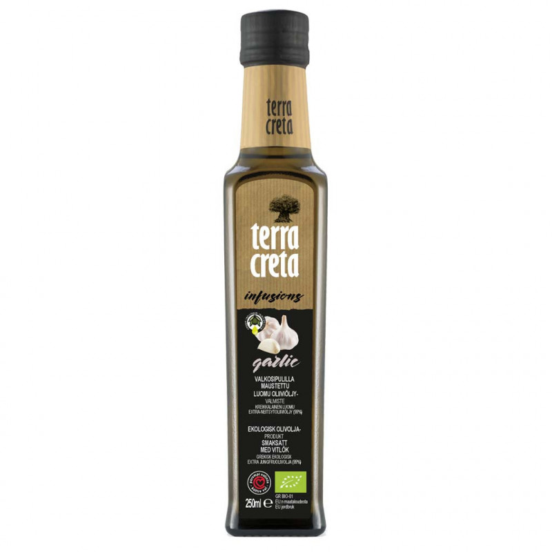 Terra Creta Bio Infusion valkosipulilla maustettu Ekstra-neitsytoliiviöljy, luomu 250 ml Terra Creta Bio Infusion valkosipulilla maustettu Ekstra-neitsytoliiviöljy, luomu 250 ml